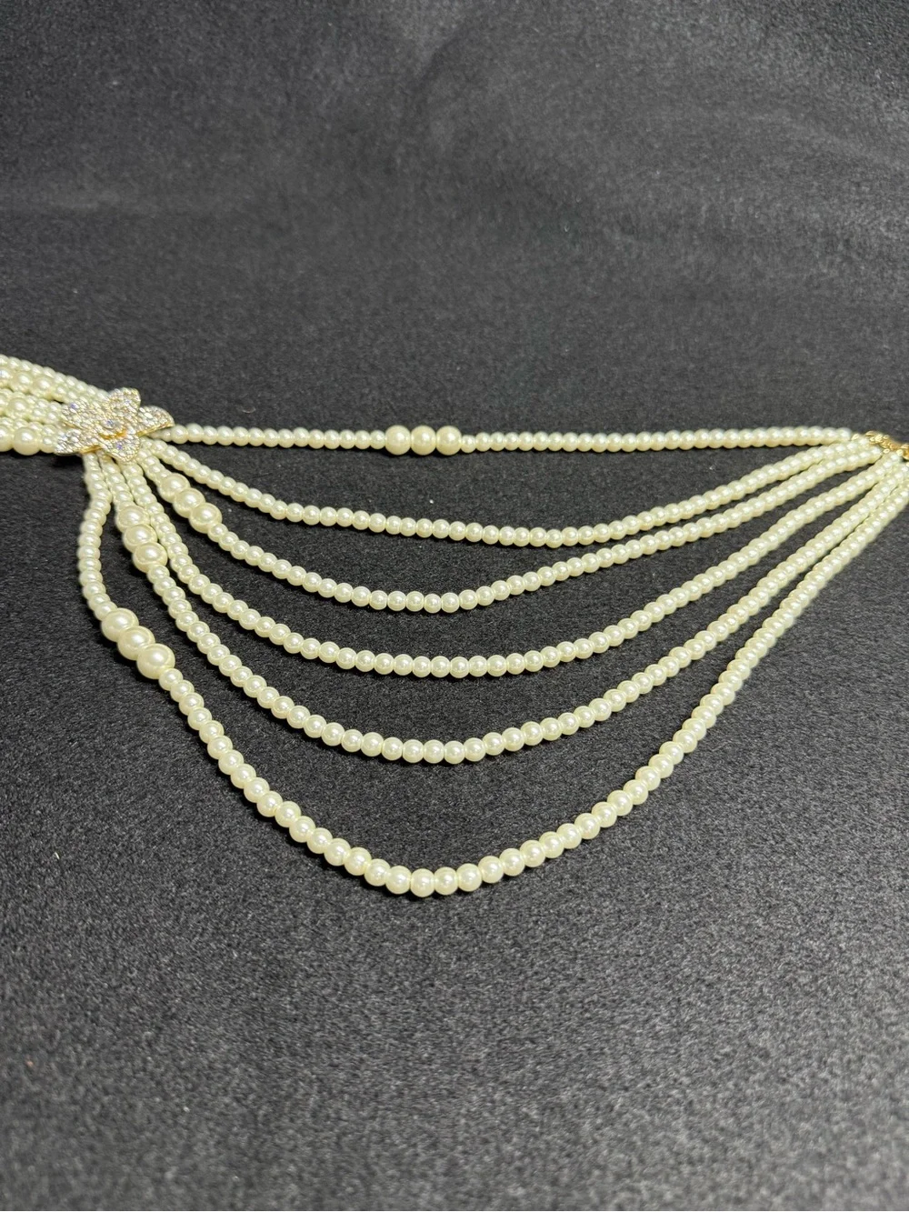 Vintage Italian Faux Pearl Multi Strand Statement Necklace Rhinestone Flower